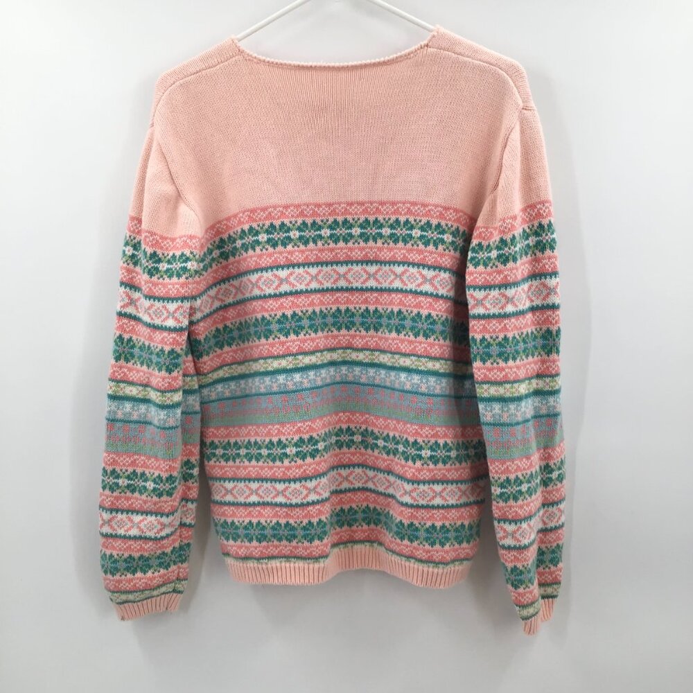 Vintage Womens 1990s Fair Isles Nordic Christmas Sweater Pink Green Cotton Soft - Picture 2 of 11